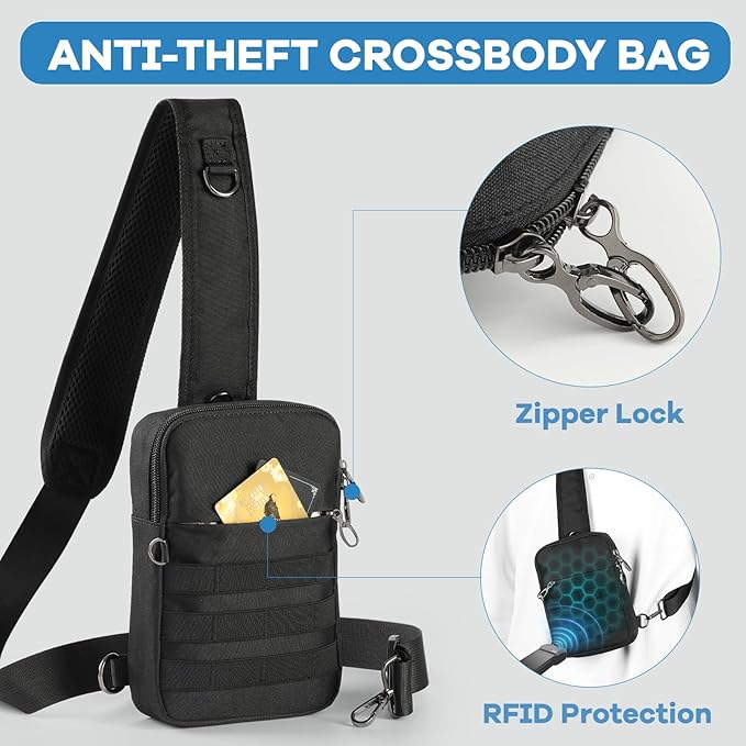 Sling Bag, Tactical Anti Theft Crossbody Bag with Zipper Lock RFID EDC Small Chest Bags for Men Women