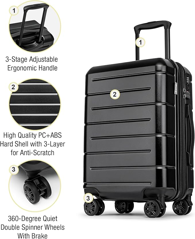 KYME Carry On Luggage 22x14x9 Airline Approved Expandable Hardshell 20 Inch Luggage with TSA Lock Carry-On Suitcase with Wheels Small Travel Rolling Luggage with Cup Holder Black