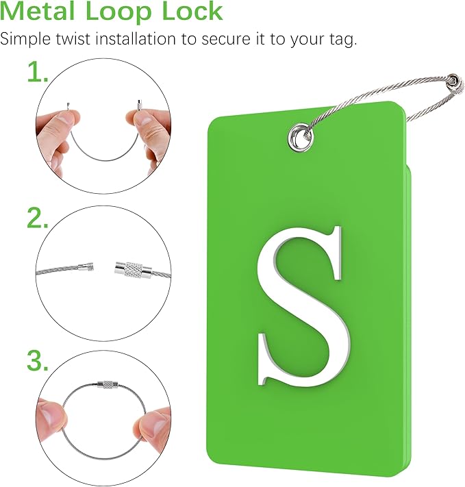Gostwo 2 Pack Luggage Tags for Suitcases, 26 Initial Letter Travel Luggage Baggage Identification Labels ID Tag Fully Bendable Tags with Stainless Steel Loop (Green) (Letter S)