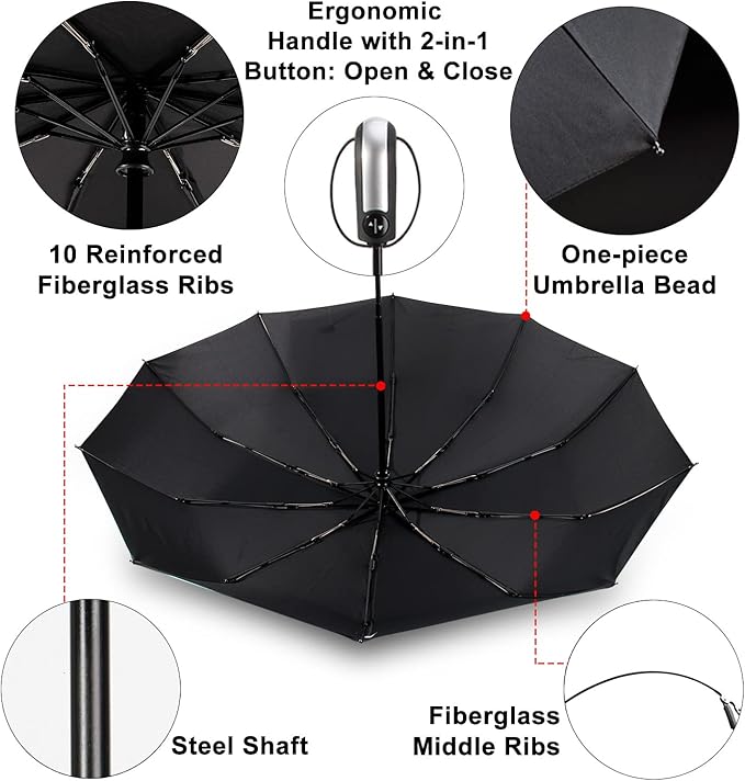 TradMall Travel Umbrella Windproof with 56 Inches Large Canopy 10 Reinforced Fiberglass Ribs Ergonomic Handle Auto Open & Close, Black