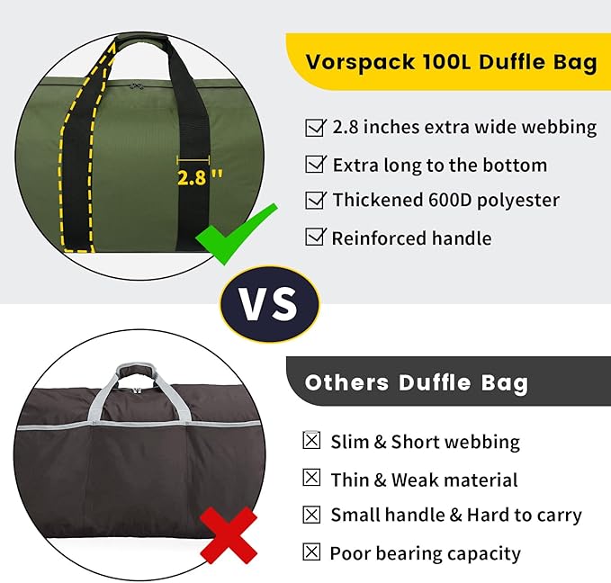 Vorspack Extra Large Duffle Bag for Travel - 150L Duffel Bag for Men Gear Bag for Storage Foldable Weekender Bag for Overnight Camping - Green