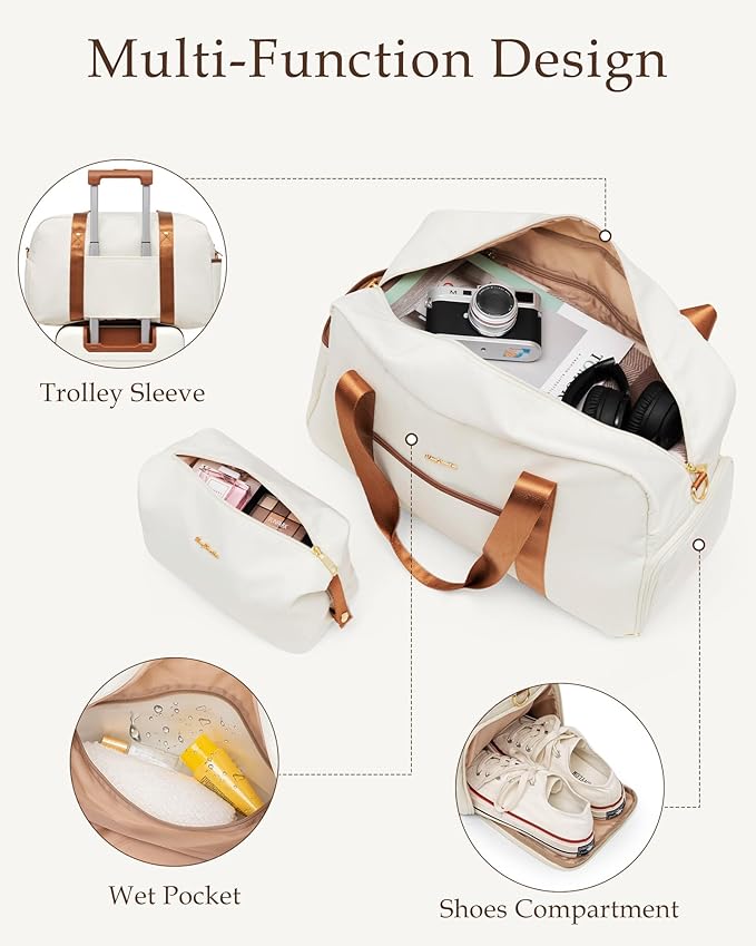 LONG VACATION Luggage Sets 5 Piece, Suitcases With Wheels, PC+ABS Hardshell Luggage Set with Spinner Wheels, TSA Lock (White Brown)