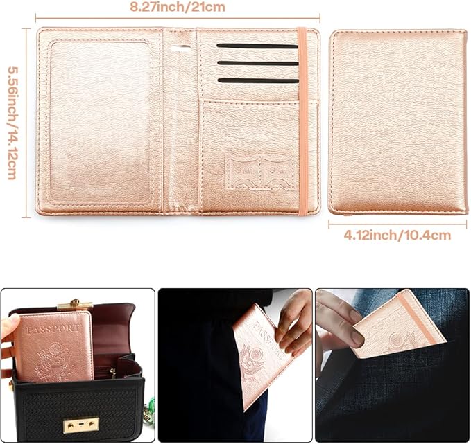 Passport Holder for Travel,Leather Passport Holder RFID Blocking Passport Cover Wallet Passport Case with Pen Holder Passport Holders for Travel Women Men Family Travels Must Haves Essential,Rose Gold
