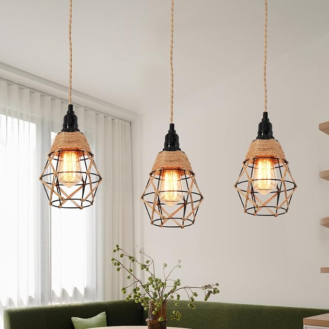 3-Light Hanging Light with Plug in Cord,Plug in Pendant Light 22ft Hemp Rope Pendant Lighting Vintage 3-Light Hanging Lamp Fixtures for Kitchen Island Living Room Bedroom