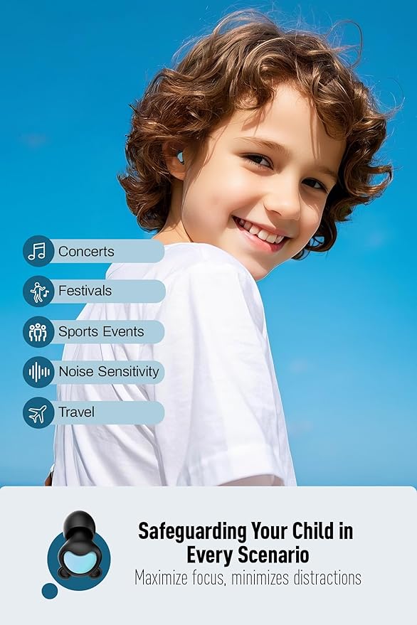 Kids Ear Plugs (6-12 Years) with Lanyard, Kids Ear Protection Reusable Noise Relief Earplugs for Focus, Travel, Concerts, Socializing, Events, Sleep, Anxiety, Stress, Home, School, Playtime - 26 dB
