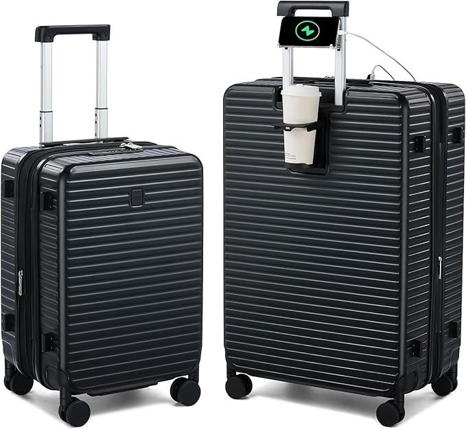 HanTrip Hard Shell Suitcases Expandable Travel Luggage Sets 2 Piece, Carry on and Check in Luggage Lightweight Suitcase Set 2 Piece with Wheels Cup Holder Charger Built in (Black, 20/28)