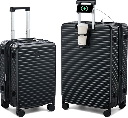 HanTrip Hard Shell Suitcases Expandable Travel Luggage Sets 2 Piece, Carry on and Check in Luggage Lightweight Suitcase Set 2 Piece with Wheels Cup Holder Charger Built in (Black, 20/28)