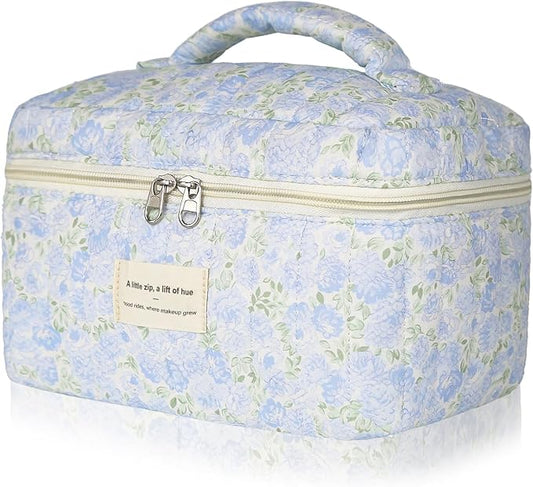 1pc Large Makeup Bag, Cute Cosmetic Bag for Women Girls, Floral Coquette Aesthetic Toiletry Bag, Travel Make Up Organizer Bag (Green Leaves Blue Flowers)