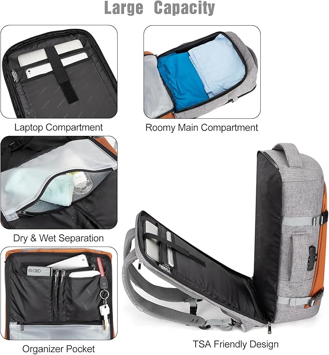 Tzowla 40L Expandable Travel Laptop Backpack for Men Women Carry on Flight Approved,Large Capacity Anti Theft Backpacks with Giant Tumbler Holder Pocket,Personal Item Bag Fit 17.3" Computer（Grey