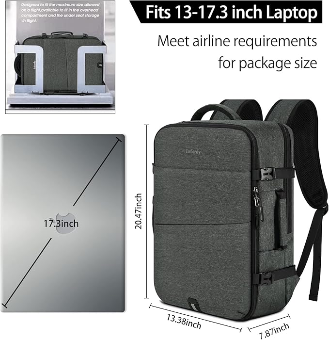 Lubardy Travel Backpack for Men Women 17 Inch Flight Approved Carry on Backpack Waterproof Large 40L Luggage Daypack Business College Weekender Overnight Laptop Backpack with 3 Packing Cubes, Grey