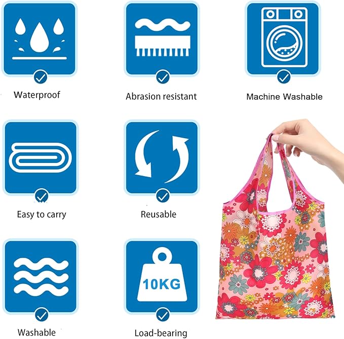 6 Pcs Reusable Shopping Bags Foldable, Machine Washable Shopping Grocery Bags in Pocket , Eco-Friendly Travel Recycle Shopping Bags, Waterproof Pouch Tote Bags for Daily Shopping Supplies load