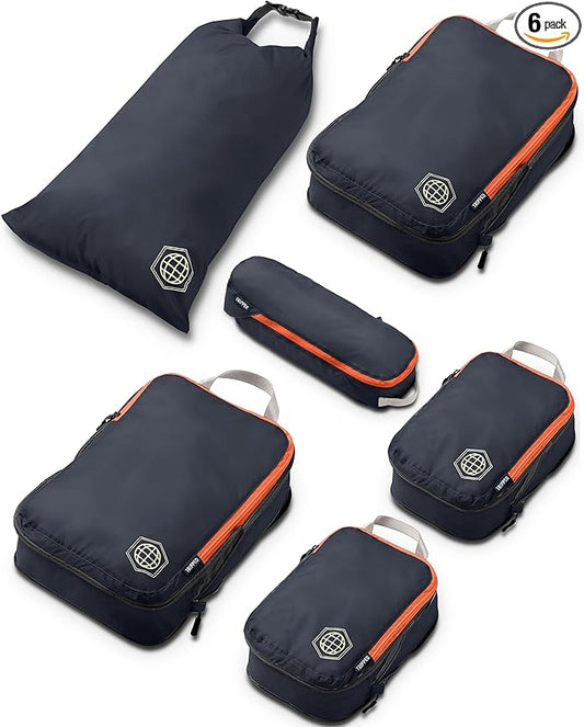 Compression Packing Cubes 6 Piece Set for Carryon Suitcases- Lightweight, Durable Clothes Organizer (Grey and Orange)