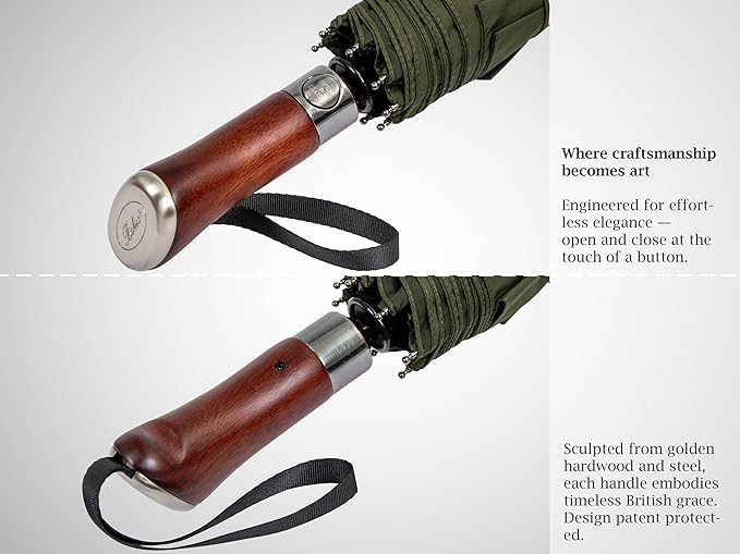 Balios (Designed in UK) Travel Umbrella Luxurious Golden Hardwood Handle Auto Open & Close Windproof Frame Single Canopy Automatic Folding Umbrella Men's & Ladies