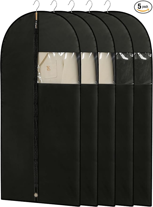 Garment Bags for Hanging Clothes, 50'' Long Dress Bags for Closet Storage, Black Garment Covers with Clear Window for Suits, Coats, Jackets（5 Packs）