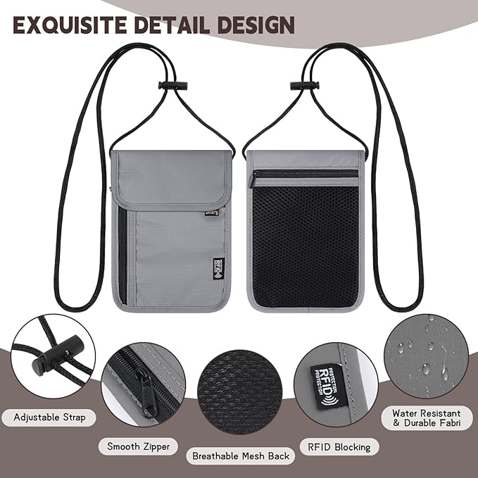 Likesing 5.5" L x 7.9" W Travel Neck Wallet, RFID Blocking Passport Holder for Travel Women Men, Security Lightweight Travel Wallet, Neck Passport Pouch Gifts for Traveling(Light Grey)