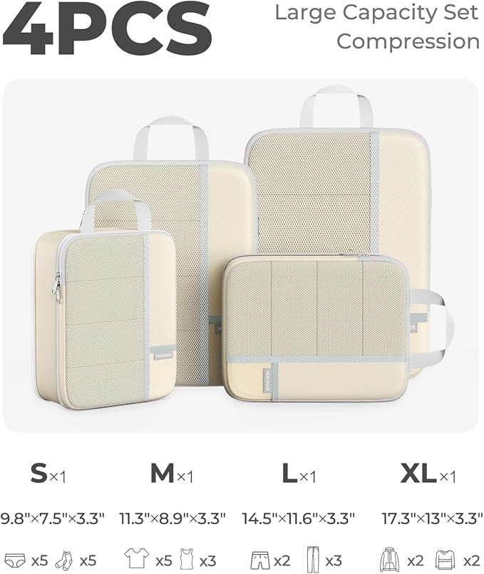 Percover Compression Packing Cubes 4-Piece Set, Packing Cubes Compression for Travel with Label Pockets, Travel Organizer for Carry On & Checked Luggage, Beige