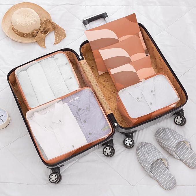 7 Set Packing Cubes Travel Luggage Organizers for Suitcase Travel Accessories with Shoe Bag for Girls Women Aesthetic Art Cute Wave Wavy Leaves-Red Brown