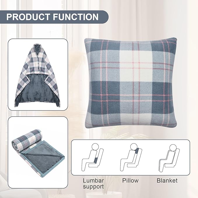 forestfish Wearable Blanket Compact Pillow 2-in-1, Lap Blanket Poncho with Button Plaid Throw Cushion for Home Office Sofa