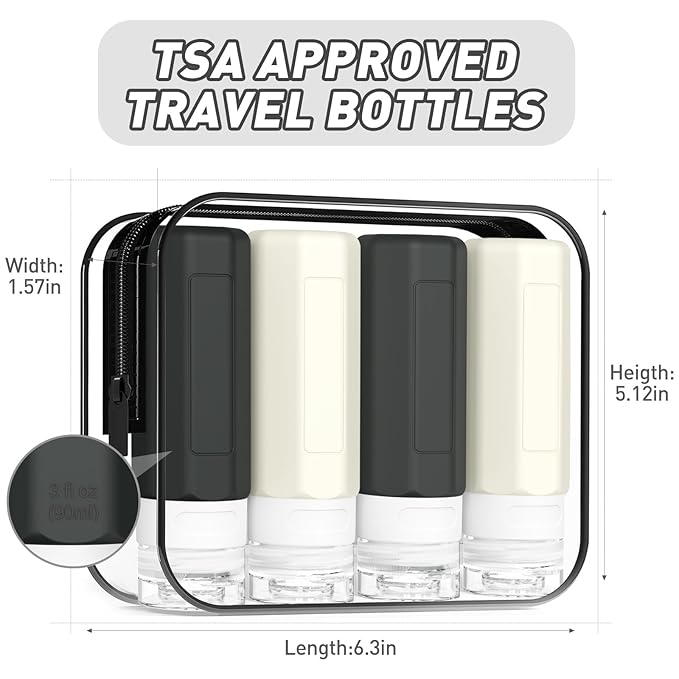 Redfly Travel Bottles for Toiletries, Tsa Approved 3oz Travel Size Containers, Leak Proof Travel Size Toiletries Bottles Silicone, BPA Free Refillable Essentials for Shampoo Conditioners, Black&White