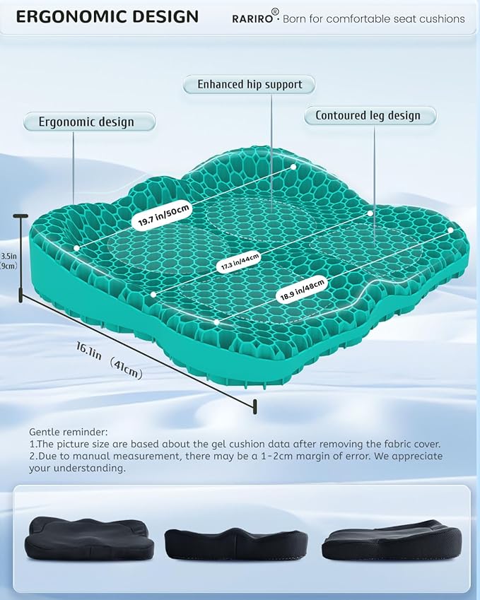 Enlarged 19.7" Gel Seat Cushion, Egg Gel Chair Pads for Wheelchair Pressure Coccyx Sciatica Pain Relief, Cooling Desk Seat Cushion for Kayak, Car, Office Chair Long Sitting[Green]