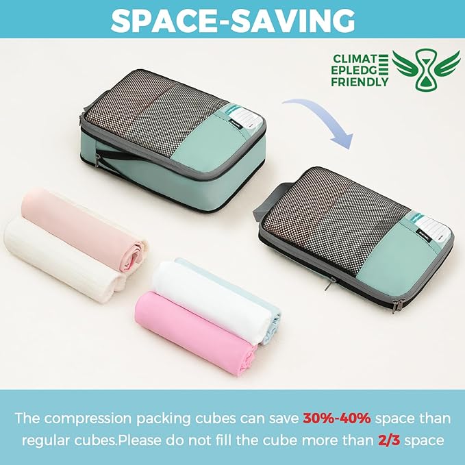 BAGAIL 4 Set/6 Set/8 Set Compression Packing Cubes Travel Accessories Expandable Packing Organizers(HalfMesh,8-DustyBlue)