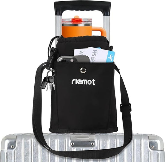 riemot Luggage Cup Holder with Strap, Travel Drink Holder with Phone Pocket, Hands Free Suitcase Drink Carrier Fits Stanley 40oz Cups, Luggage Accessories for Travel Airport Convenience