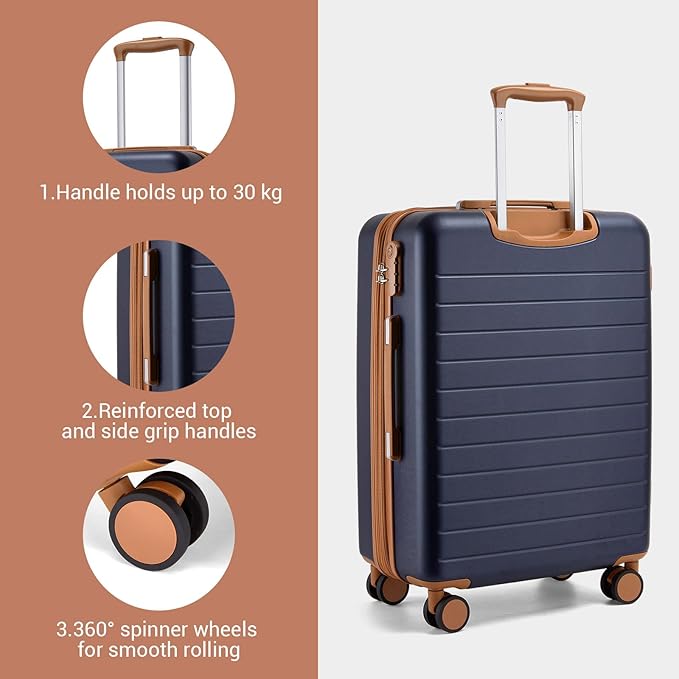 Kono 24 Inch Check In Suitcase Expandable Luggage, Business Travel Suitcase for 5-7 Days, Durable ABS+PC Hardshell with Side Handles & Kick Plates, Double Spinner Silent Wheels, Navy/Brown