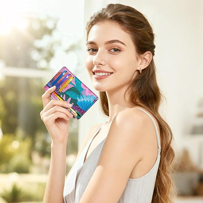 Tipmile Credit Card Holder for Women Slim Minimalist Front Pocket RFID Blocking Wallet Small Compact Card Case with ID Window, Floral Bloom