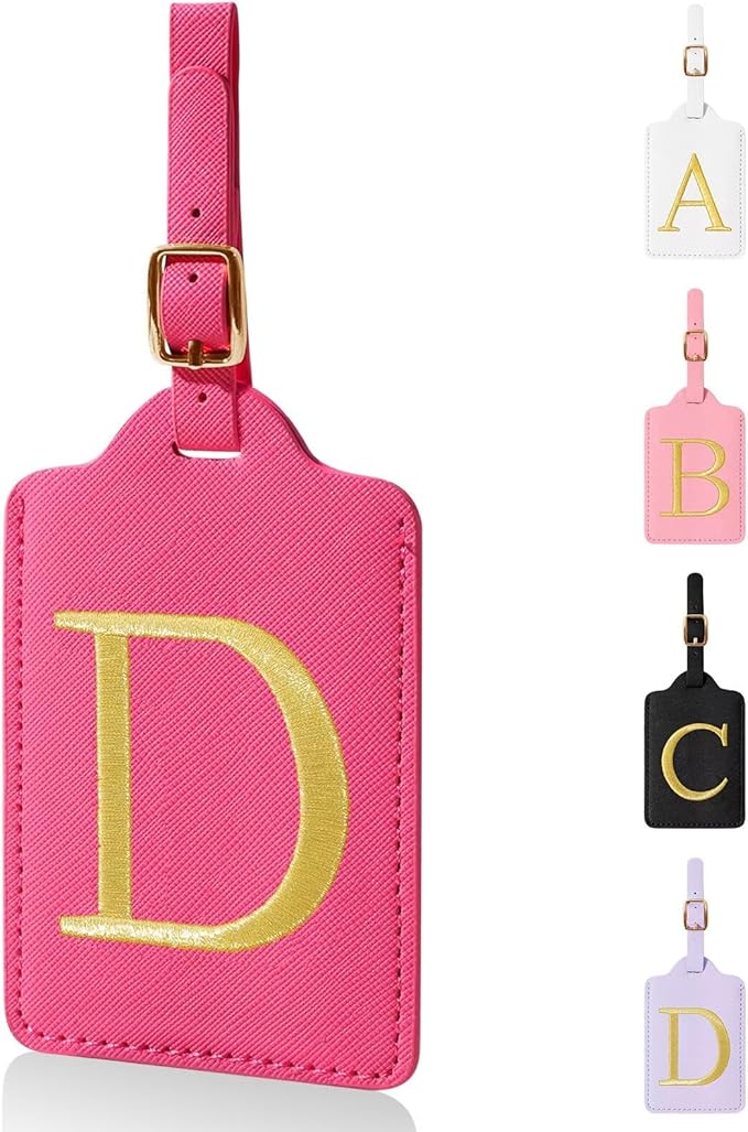 Personalized Initial Luggage Tags for Suitcases,Leather Letter Cute Luggage Tags with Privacy Name Card,Embroidered Monogrammed Travel Bag Backpack Tag Gifts for Women Kids Girls Teens(Rosered-D)