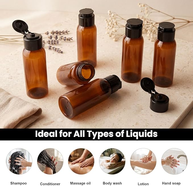 6 Pack 3.4oz Travel Bottles for Toiletries Leak Proof Travel Size Toiletries Wide Mouth Containers TSA Approved Squeeze Bottles with Flip Cap for Shampoo Conditioner Body Wash Lotion(Brown)