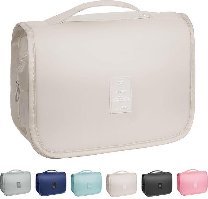 Toiletry Bag Travel Bag with Hanging Hook, Waterproof Capacity Hanging Multifunctional Makeup Bag for Toiletries, Portable Cosmetic Bag Travel Organizer for Women and Men(Beige)