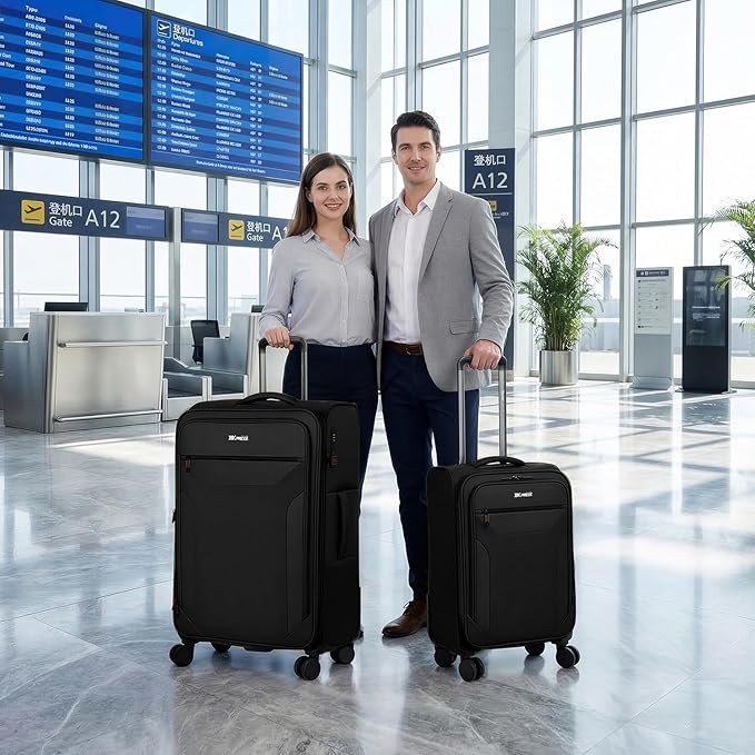 2PCS Set（22in/32in）Softside Luggage Sets w/ Spinner Wheels,Expandable 20% Luggage w/TSA LOCK,Upright Spinner Softshell,Lightweight Durable Rolling Travel Luggage Set for Men/Women（Black,22in/32in）