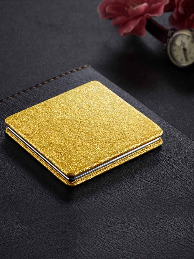 OMIRO Compact Mirror, Glitter PU 1X/3X Magnification, Ultra Portable for Purses (Gold)