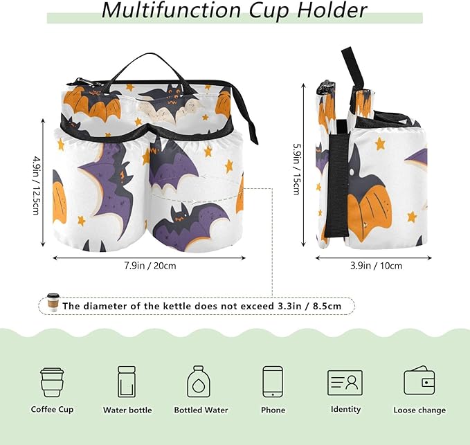 White Halloween Bats and Stars Luggage Cup Holder Travel Portable Free Hand Drink Carrier Suitcase Drinks Beverage Holder Carry-On Bottle Mug Holder Organizer Bag Travelers Accessories