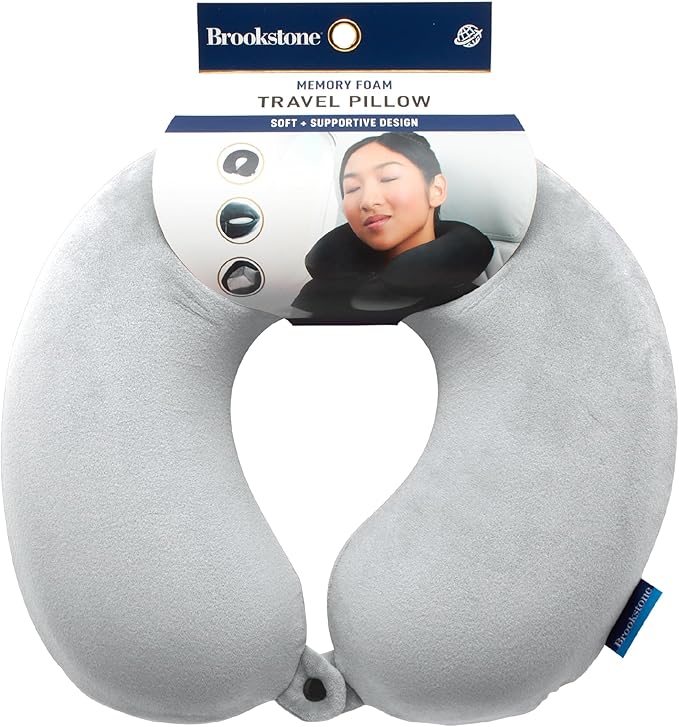 Brookstone Travel Neck Pillow - Lightweight Fleece Casing U-Shaped Stuffable Memory Foam Travel Pillow for Sleeping and Neck Support, Size One Size, Grey