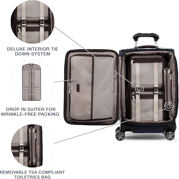 Travelpro Platinum Elite Softside Expandable Carry on Luggage, 8 Wheel Spinner Suitcase, USB Port, Suiter, Men and Women, True Navy Blue, Carry On 21-Inch