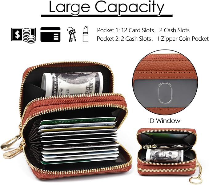 imeetu RFID Credit Card Holder, Small Leather Zipper Card Case Wallet for Women