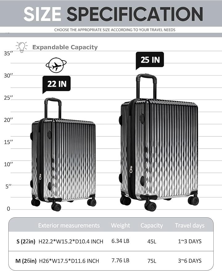Checked 2 Sets 22 Inch/25 Inch Luggage, ABS+PC Hardshell Suitcase Lightweight Large Travel Luggage with Spinner Wheels & TSA Lock