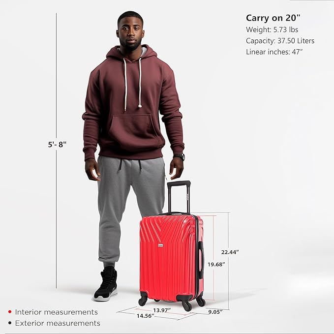 InUSA VASTY Luggage with Spinner Wheels | Durable Lightweight Hardshell Suitcase Travel Bag with Handle and Trolley 20-Inch Carry On Small Luggage | Red