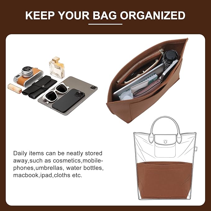 Doxo Felt Purse Organizer Insert for Longchamp Le Pliage M Totes, Longchamp Orgainzer Insert Meduim with 7 Compartments & YKK Zipper | Fits Long Champ Meidum Top Handle Tote Bag (SM, Gold Brown)