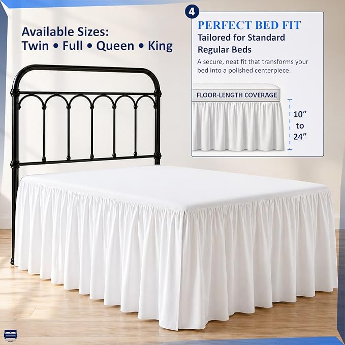 Ruffled Bed Skirt with Split Corners-Dust Ruffle - 24" Drop 100% Microfiber Soft,Sheen & Luxurious Look - Bed Skirts (White -Full)