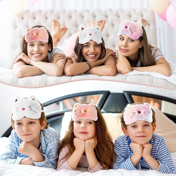 Geyoga Sleep Mask for Kids, Girls Plush Sleeping Eye Cover Soft Eye Blindfold Cover Animal Shade for Kids(White, Pink and Rainbow Color,Cat Style)