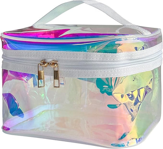 Waterproof Holographic Blue PVC Makeup Bag with Handle - 8.66 * 5.51 * 5.51 inch Travel Cosmetic Organizer for Women Men Toiletry Pouch (Holographic Blue - L)