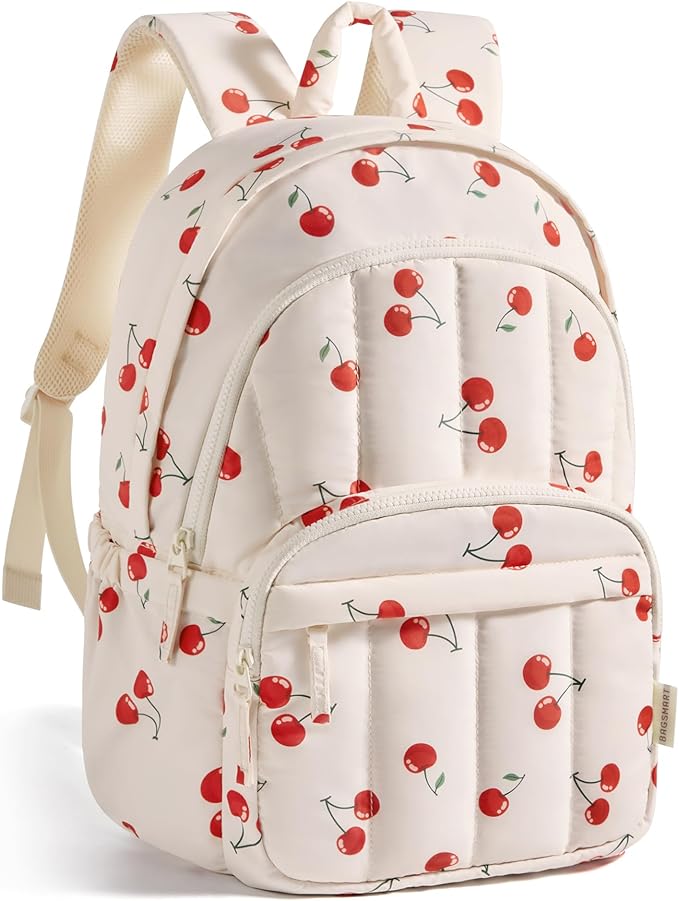 BAGSMART Womens Backpack Small Travel Laptop Backpack for Women, Quilted College Laptop Bookbag, Work Back Pack for Women, Cute Computer Water-Resistant Casual Daypack,Cherry Print