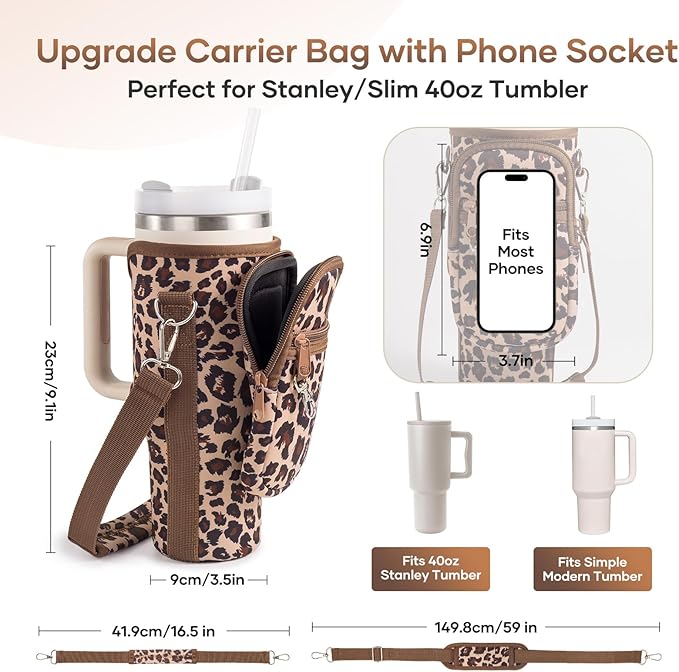 linmaya Water Bottle Carrier Bag for Stanley Cup 40/30oz with Phone Holder Pockets,Neoprene Water Bottle Cross-body Bag with Adjustable Shoulder & Hand Strap Stanley Cup Accessories