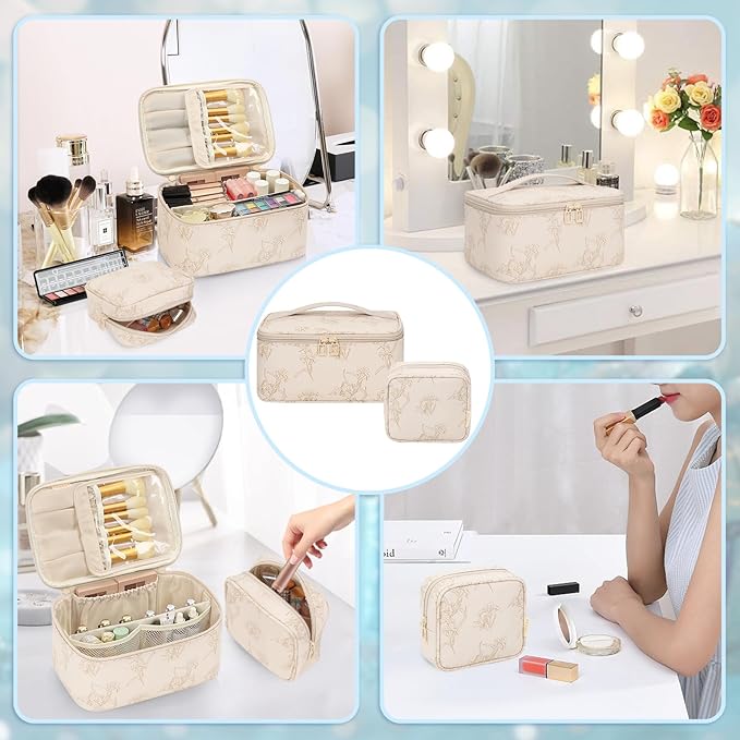 OCHEAL Makeup Bag Set, Portable Travel Makeup Bags Cosmetic Organizer Bag for Women Cute Floral Cosmetic Pouch Large Capacity Make up Bag PU Leather Toiletry Bags with Divider and Handle-Beige
