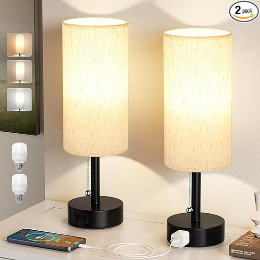 Bedside Table Lamps Set of 2 - Bedroom Lamp for Desk, AC Outlet | 3CCT(3000K/4000K/5000K), LED Bulbs Included, Cream Fabric Lampshade, 14in Small Lamp for Nightstand, Guest Room, Living Room