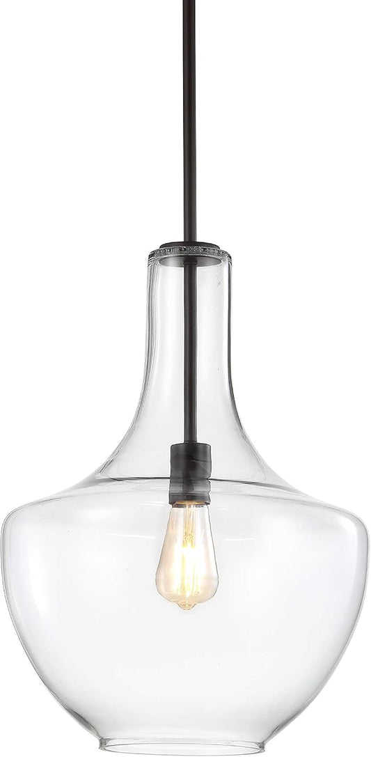 JONATHAN Y Watts Schoolhouse 13.25" Pendant Light, Oil Rubbed Bronze/Clear | 1-Light, Mid-Century Modern Style, Metal Hanging Lamp, Adjustable, Kitchen Island Fixture, Glass Shade, LED Bulb Included