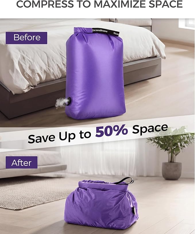 Travel Laundry Bag, Pump Free Vacuum Storage Bag Reusable Compression Dirty Clothes Travel Bag Waterproof Wet Dry Bags Large Capacity Space Saver Bags Camp Clothes Organizer (1 Pcs)(Purple, M)