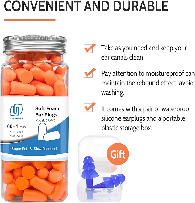 LYSIAN Soft Foam Earplugs 38dB SNR, 60 Pairs, Disposable Noise Cancelling Ear Plugs for Snoring, Work, Sleeping, Industrial, Shooting Range Hearing Protection- Orange